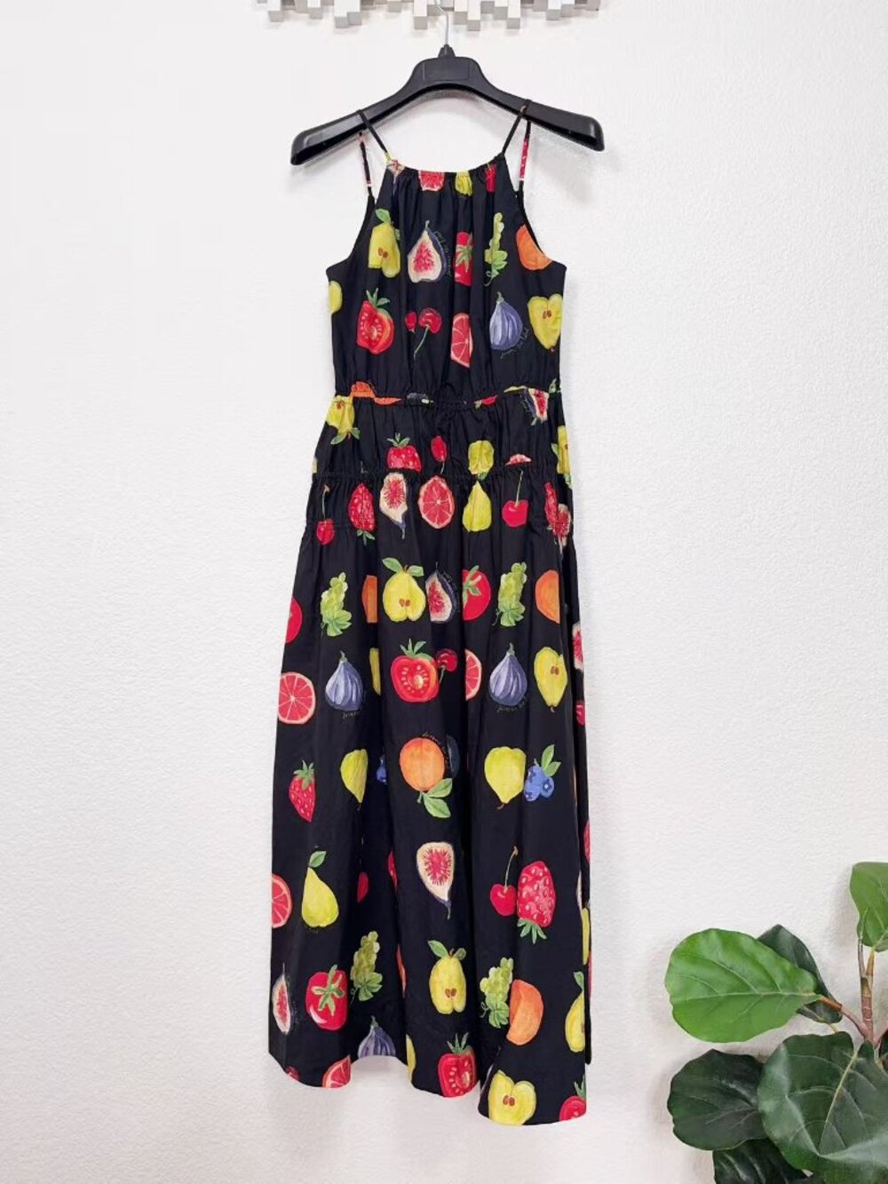 Jacquie The Label Melody Fruit Print Lace Up Back Maxi Dress Black